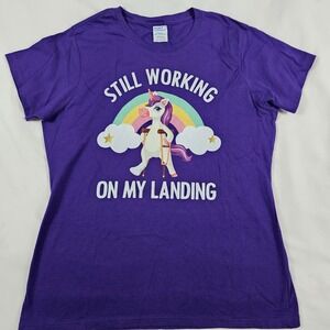 Still Working On My Landing  Unicorn T-Shirt Purple Women's L NEW